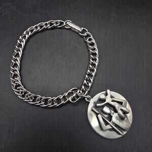 Vintage Tribal Scene Charm Bracelet Silver Tone Father Son Warrior